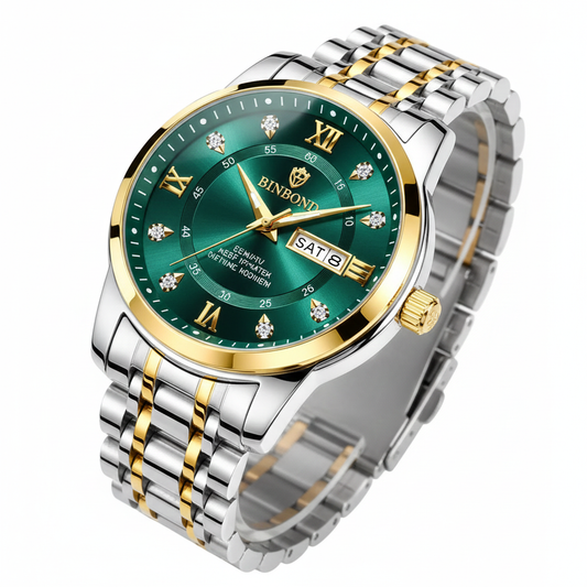 Men's quartz wristwatch, gold and diamond, elegant watch.